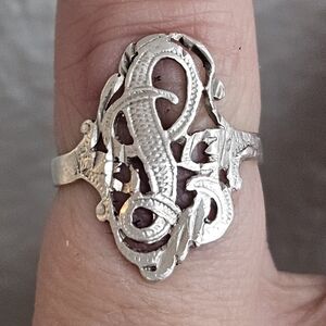 Dainty Antique Victorian 14k Solid White Gold Filigree Monogram "L" Ring